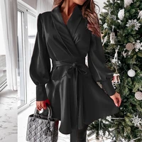 european and american casual fashion womens clothing solid color shirt skirt short skirt female high waist long sleeved dress