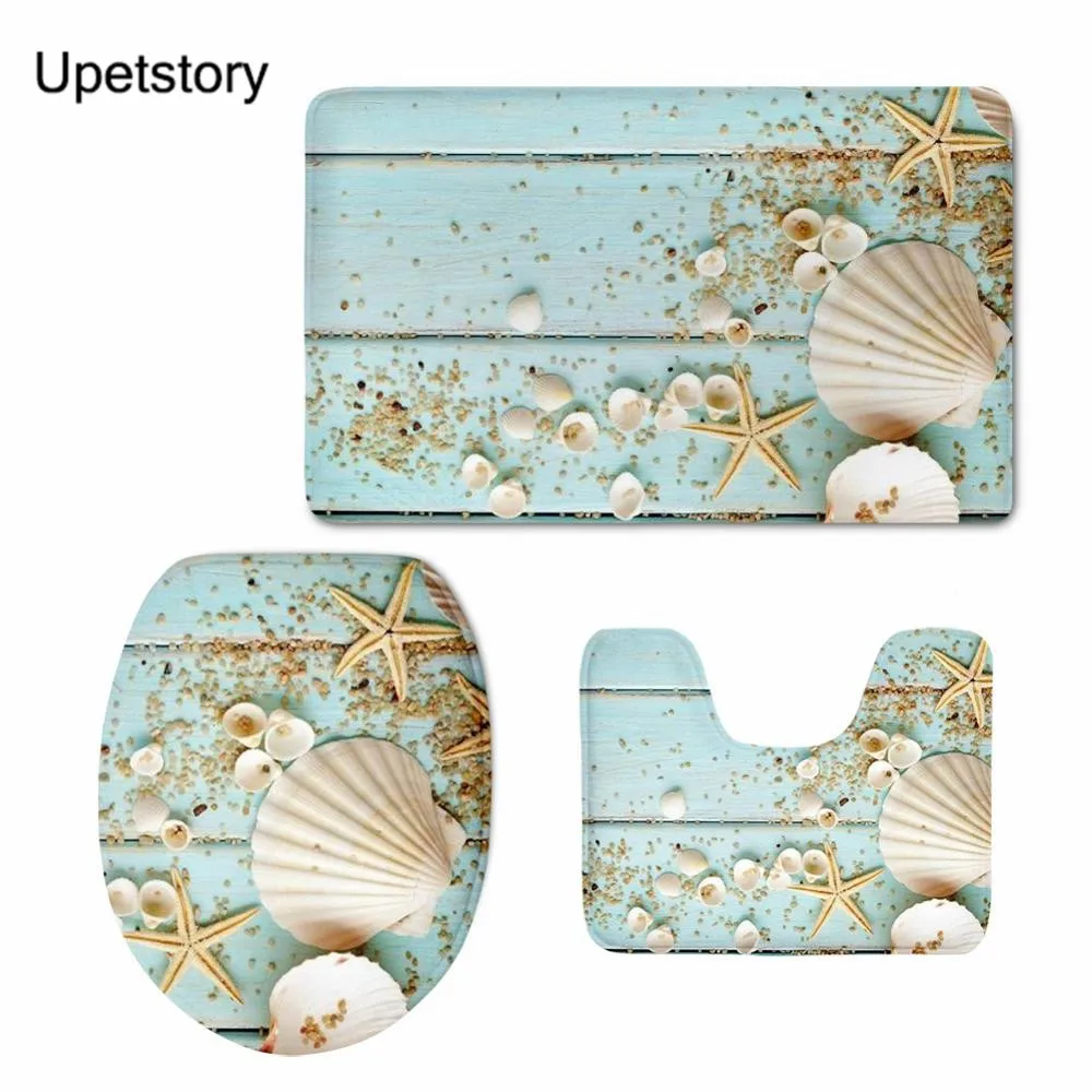 

Upetstory 3pcs Bath Mat Set Beach Starfish Decoration Shells Pebbles Pattern Bathroom Rug Anti Slip Toilet Mat Set Shower Carpet