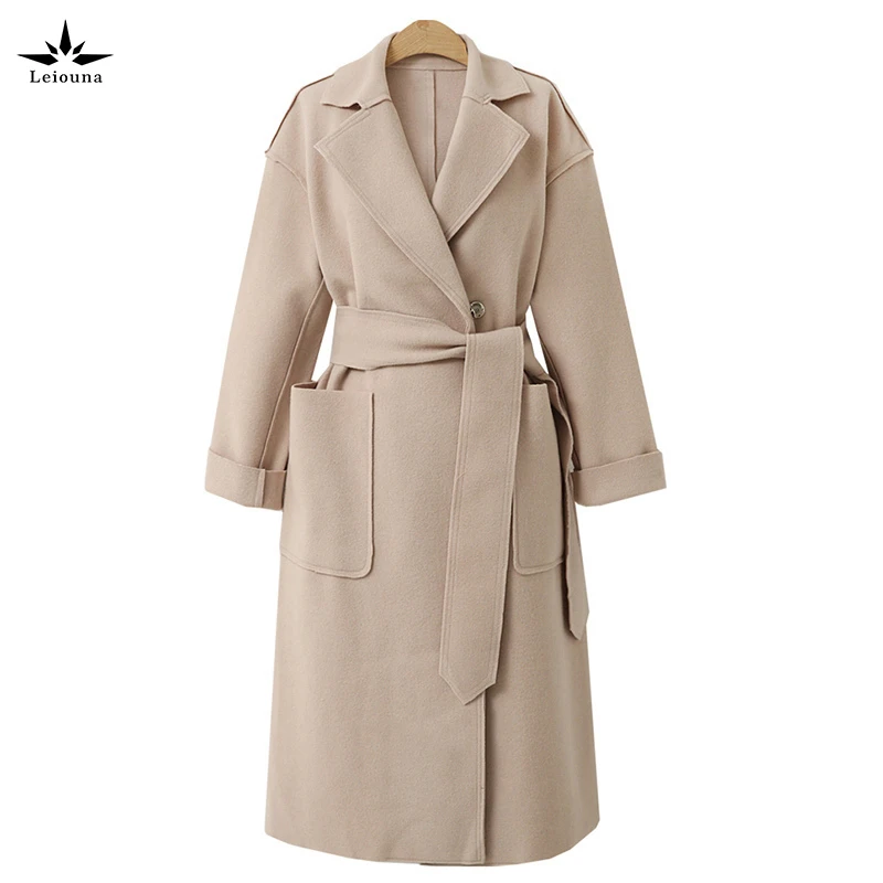 Длинное повседневное однотонное кашемировое пальто с отложным воротником