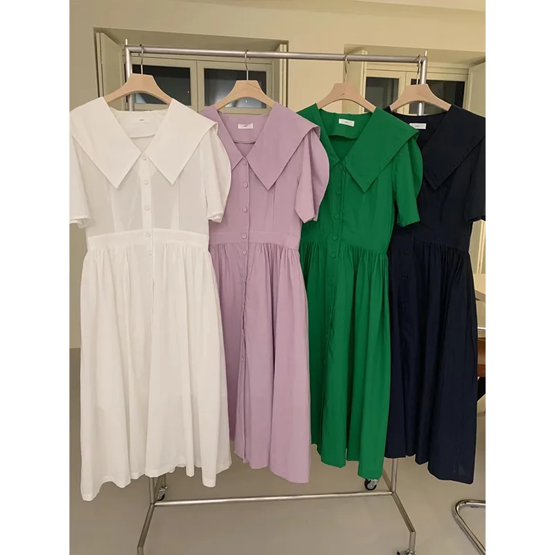 

South Korea dongdamen women's 2021 summer new pepper temperament Lapel high waist Pleated Dress