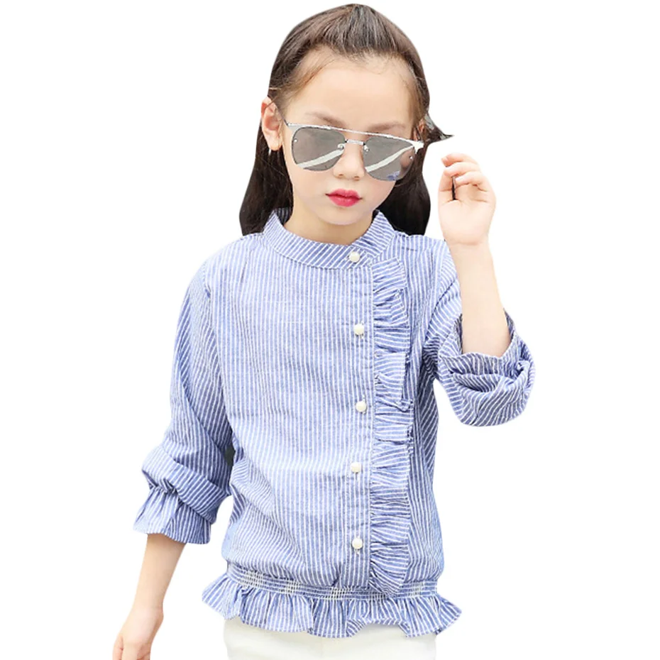 Abesay/Осенняя блузка для девочек школьная полосатая рубашка с длинными рукавами