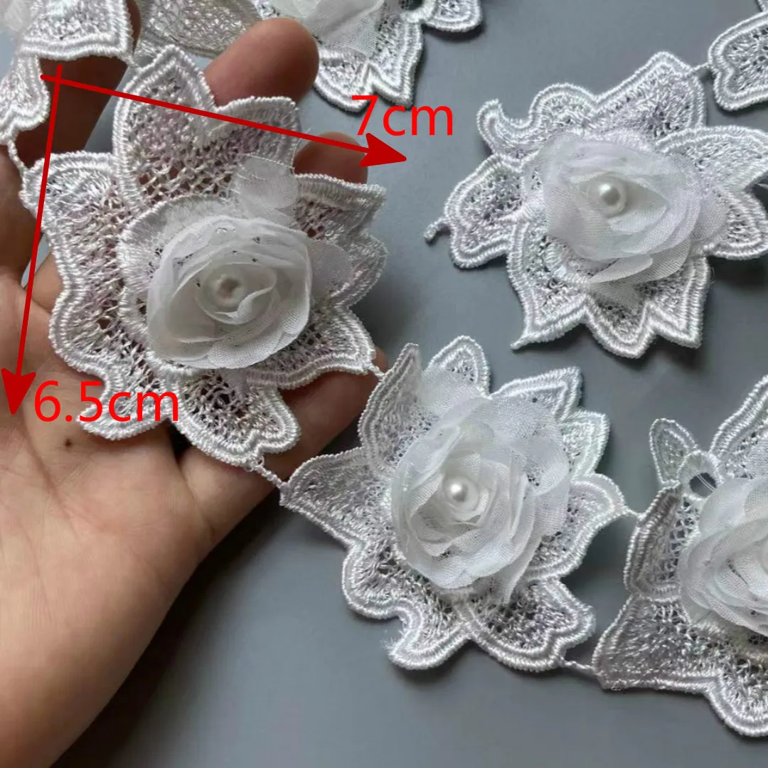 

10X White 7 X 6.5 cm Rose Pearl 3D Flower Tassel Lace Edge Trim Ribbon Fabric Embroidered Applique Sewing Craft Wedding Dress