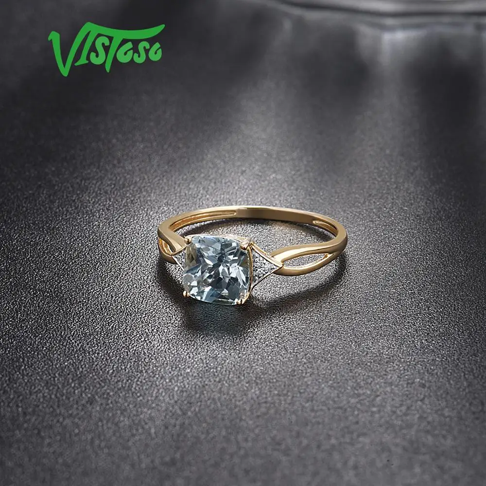 VISTOSO Pure14K 585 кольцо из желтого золота для женщин, сверкающий бриллиант, хромпидный голубой топаз, юбилейное классическое ювелирное изделие