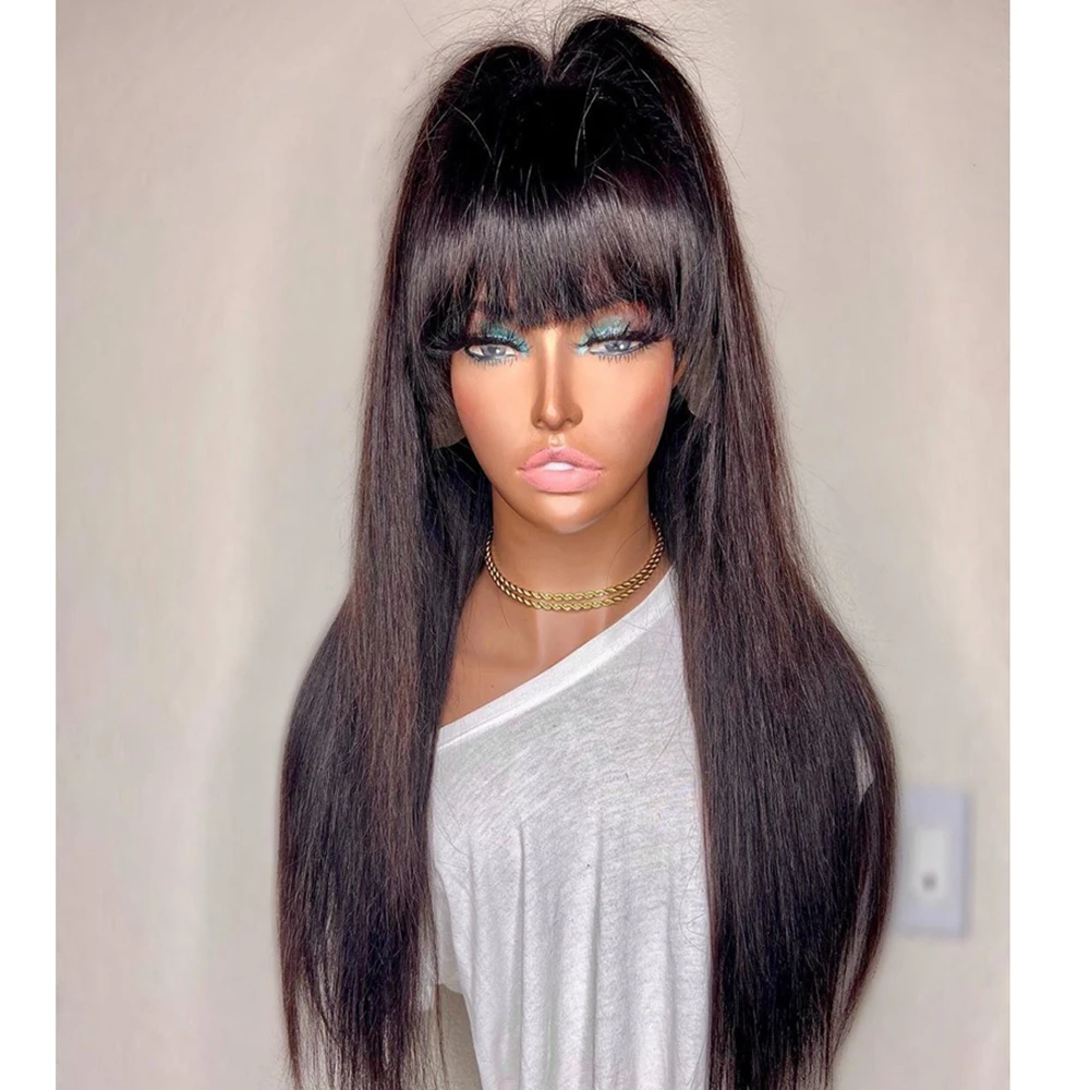 

Indian 4X4 Silk Base Full Lace Human Hair Wigs with Bangs Glueless 13x6 Lace Front Fringe Wigs Remy 360 Lace Frontal Wig 180% U
