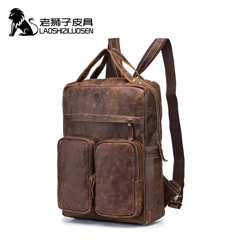 

LAOSHIZI Men Genuine Leather Backpack Vintage Daypack Multi Pocket Casual Double Rucksack Casual Large Travel Satchel Bags