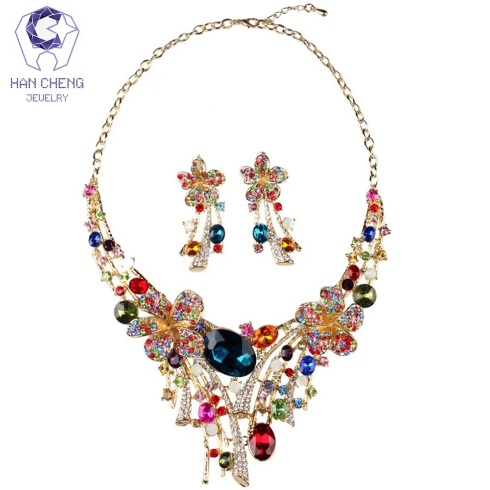 HanCheng Luxury Flowers Golden Metal Rhinestone Big Crystal Statement Choker Necklace/Earrings For Women Jewelry leagtha collier | Украшения