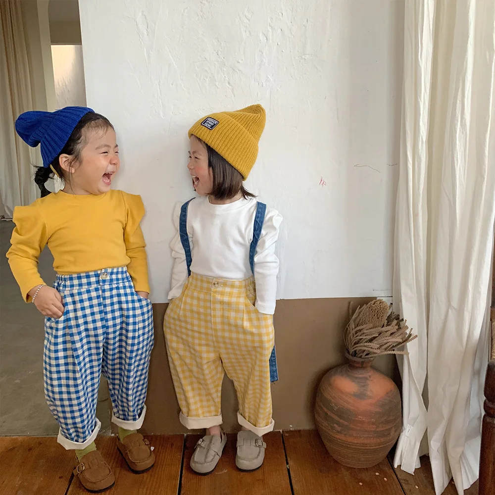 

Осенний топ для девочек, Новинка осени 2021, милый однотонный корейский топ без пальцев с длинным рукавом и пузырьковым рукавом, верхняя одежд...