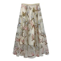 2021 hot sale women long skirts spring summer high waist mesh gauze skirt girl pleated print sweet a line skirt plus size d2