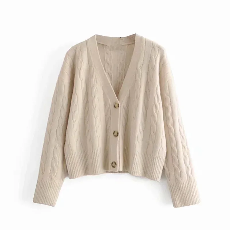 

ZA 2021 autumn new women's clothing fashion all-match casual European and American style V-neck eight-strand knitted coat