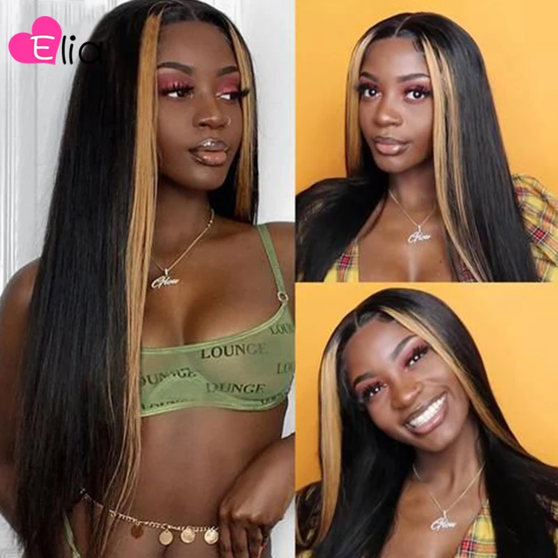 

Elia Highlight Brown Lace Frontal Wig Silky Straight Wigs Virgin Peruvian Human Hair Middle Part Transparent Lace Pre Plucked