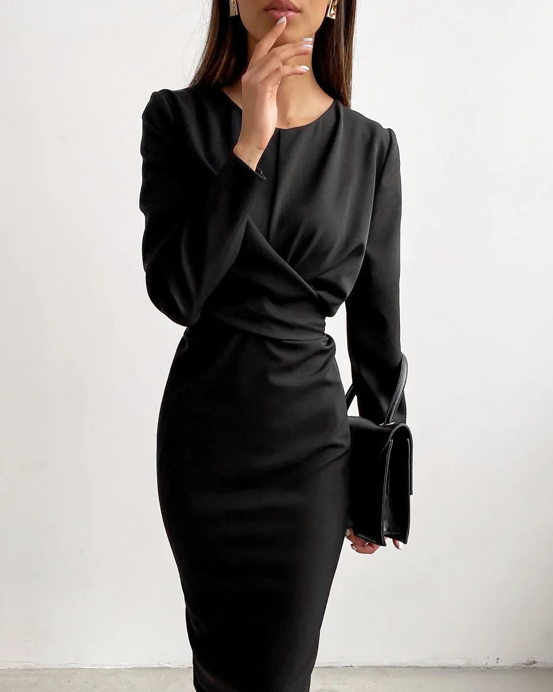 

New Style Fashion Slim Dress Women's Long-sleeved Bottoming Round Neck Waist Slimming Mid-length Package Hip Dress