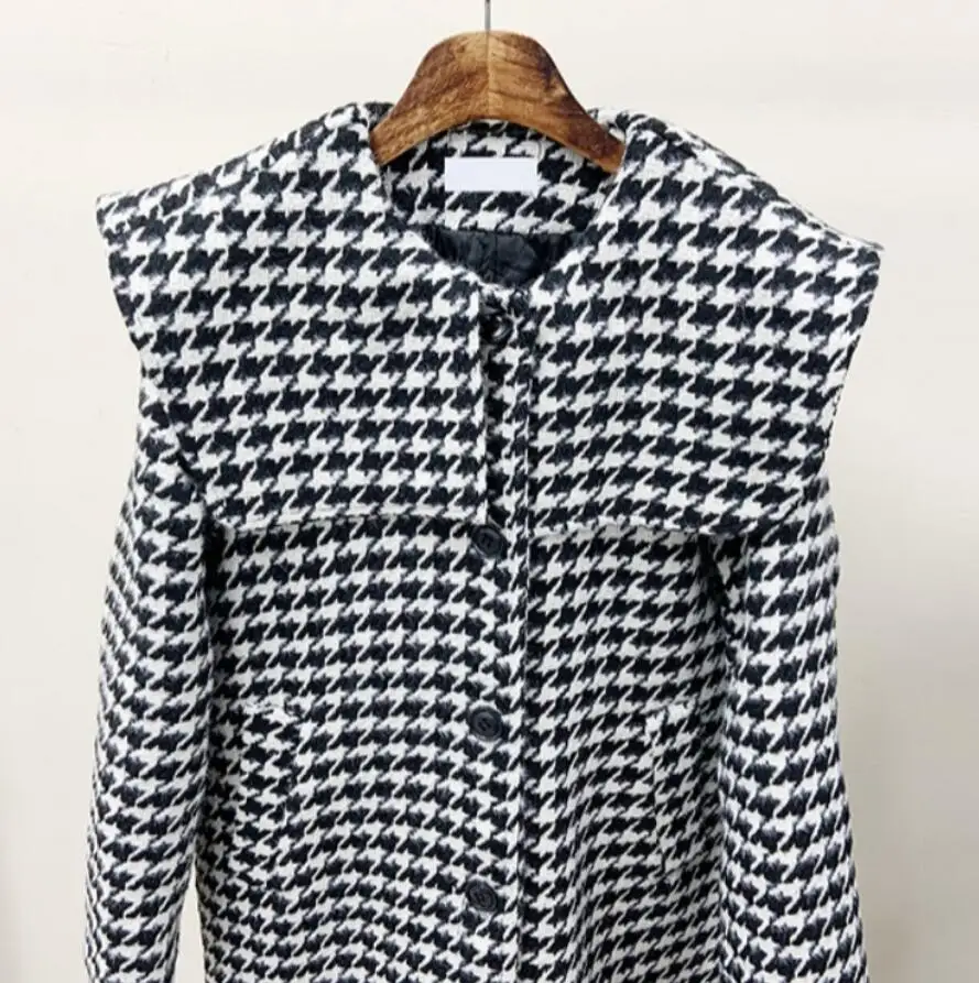 

Autumn Winter Houndstooth Woolen Tweed Long Coats Jackets Women Long Sleeve Big Turn-down Collar Vintage Fashion Coats s317
