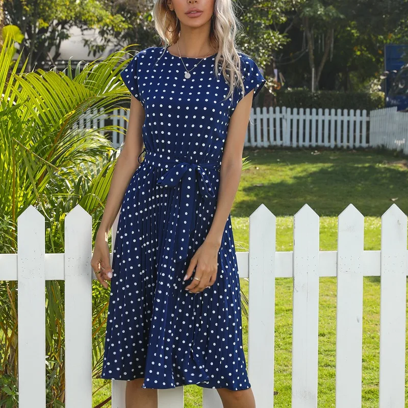 

Women's O-Neck Short-Sleeved Polka Dot Print Pleated Lace-Up Fashion Dress