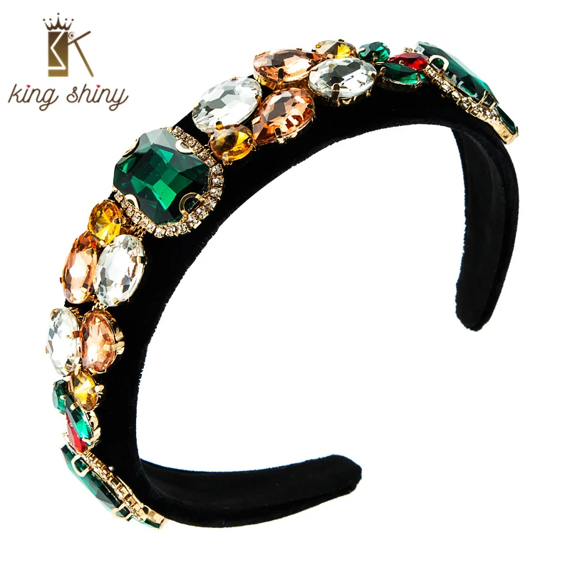 

King Shiny Vintage Baroque Colorful Crystal Headband Elegant Sparkly Gem Diamond Beaded Black Velvet Hairband Girls Tiara Crowns