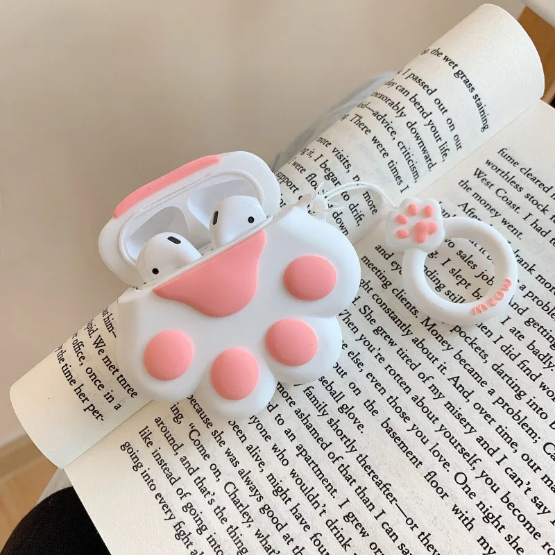 

3D Cute Cat Paw Shape Airpod Case Cover Cartoon Animal Soft Silicone Airpod Character Skin Keychain for Airpods Shell
