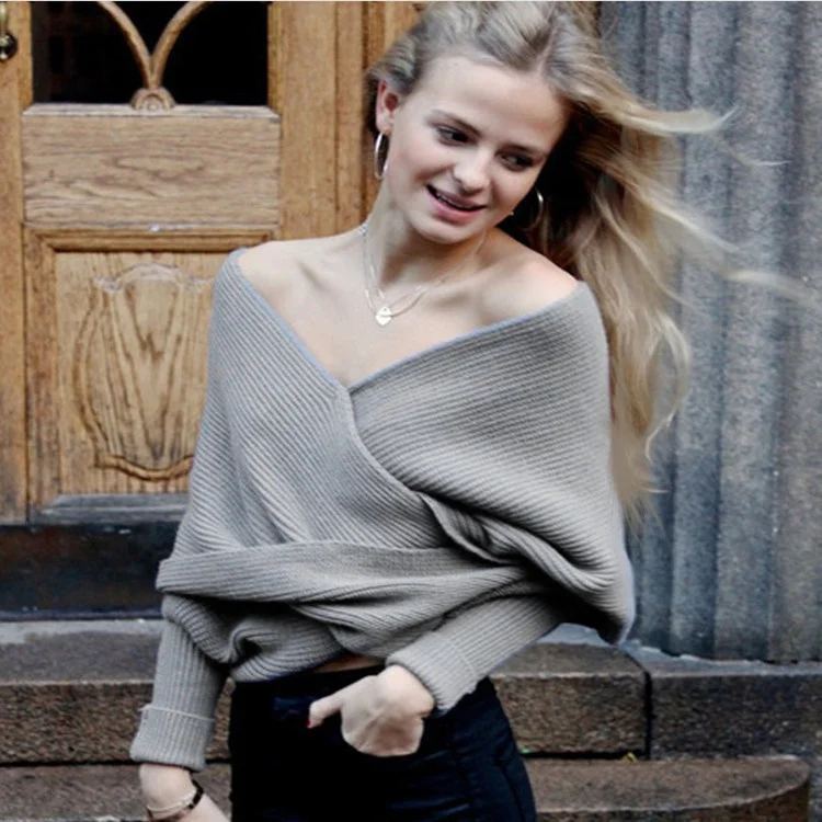

2021autumn Winter Knitted Cardigan Shawl Vshaped Cross Herringbone Neck Off Shoulder Knitted Sexy Pullover Sweater Scarf