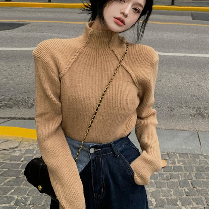 

Kywommnz 2021 Autumn Winter Pullover Sweater Women Turtleneck Loose And Fashionable Long-sleeved Kniting Short Top E3832