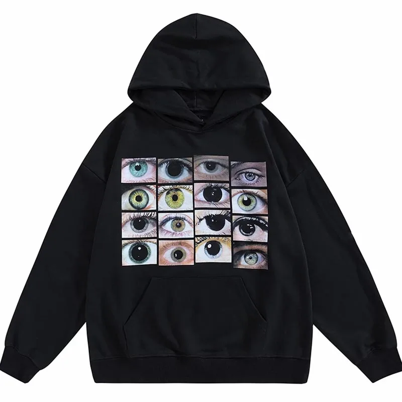 

Men Eyes Printing Hooded Sweater Male Hip Hop Cotton Loose Streetwear Couple Simple All-match Basic Hoodies Black Fall Pullover