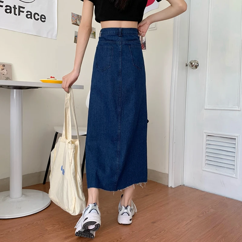 

Vintage Skirts Women Ripped French Summer Sexy Split Denim Skirt Female Long High Waist Skirt Sexy Split Maxi Skirt Jeans Ladies