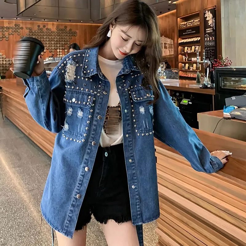 Женская куртка и пальто Весенняя Повседневная джинсовая с бусинами ремнем