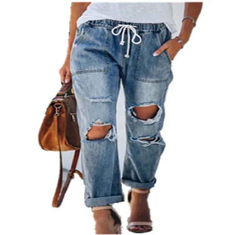 

2020 New Arrivals Woman Autumn Winter High Waist Ladies Jeans Ripped Hollow Out Solid High Street Denim Loose Stright Pants