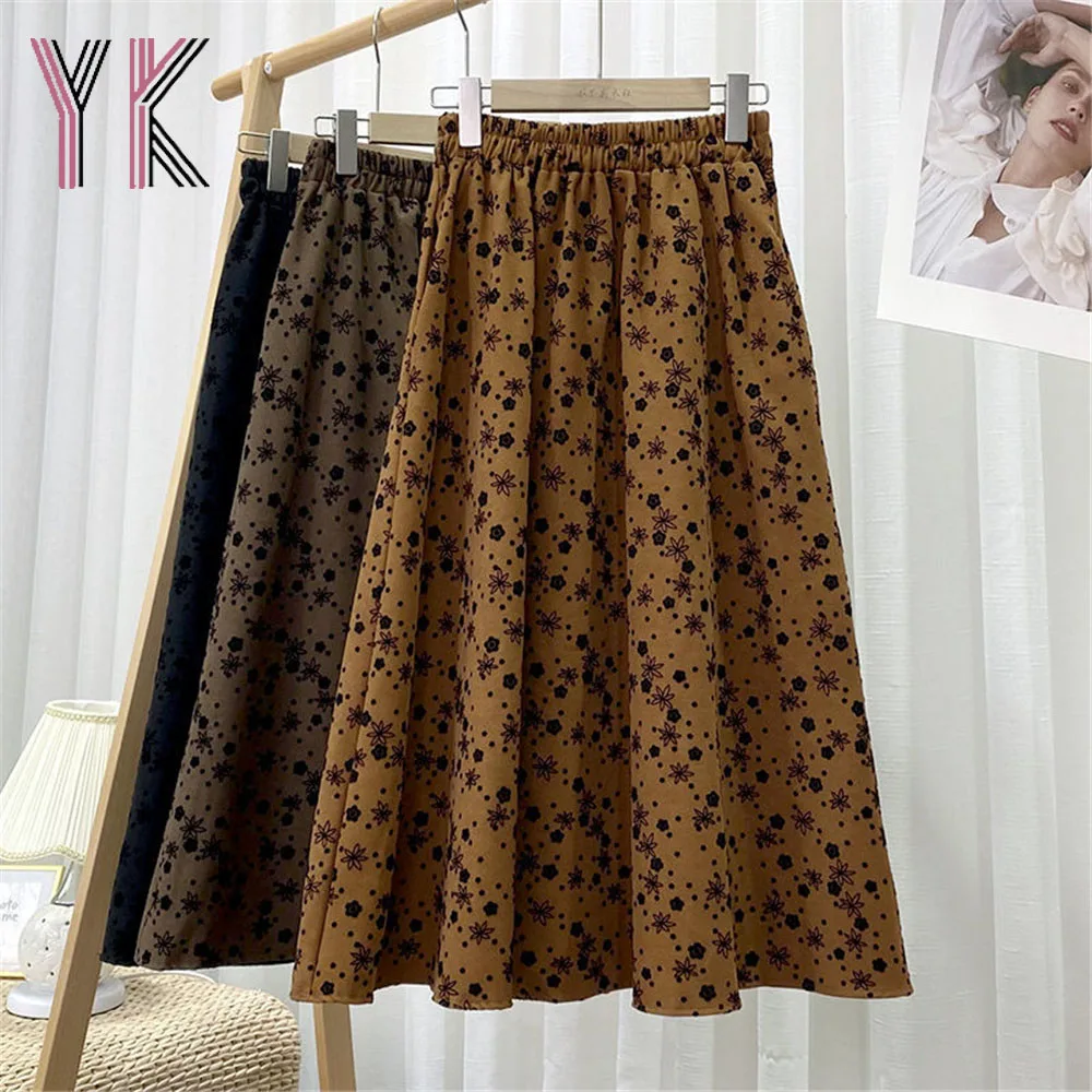 

Floral Flocking Vintage Fine Corduroy Loose Midi Skirts Elastic Band High Waist Spring Fall A-Line Skirts Korean Mori Girl Saia