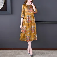 2022 print mulberry silk midi dress spring summer light elegant bodycon long sleeve dress women korean vintage casual party robe