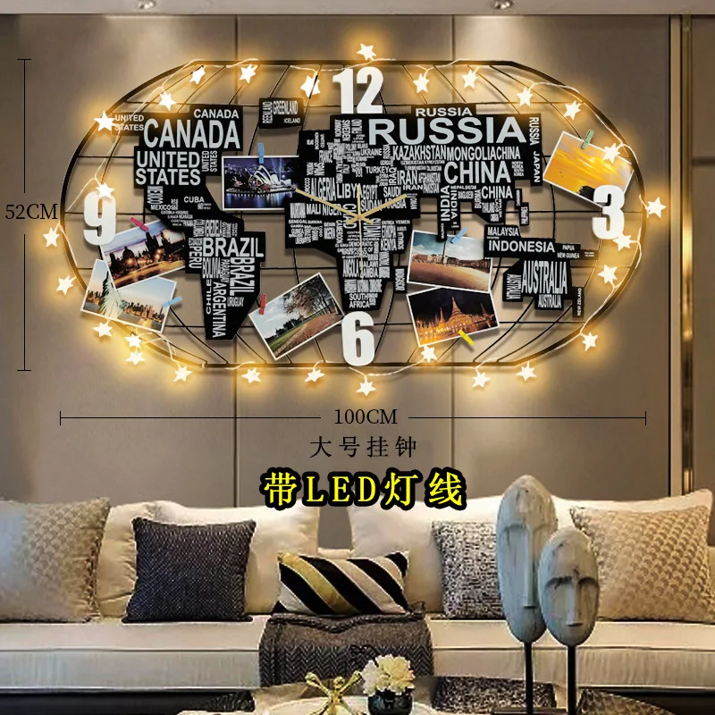 

JOYLOVE Nordic Creative Large Size World Map Clock Wall Clock Living Room Home Decoration Luminous Clock