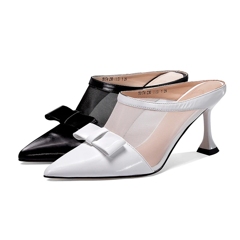 

ISNOM Leather Mesh Slippers Women High Heels Shoes Woman Pointed Toe Bow Tie Mules Ladies Slides Fashion Shoes Stiletto