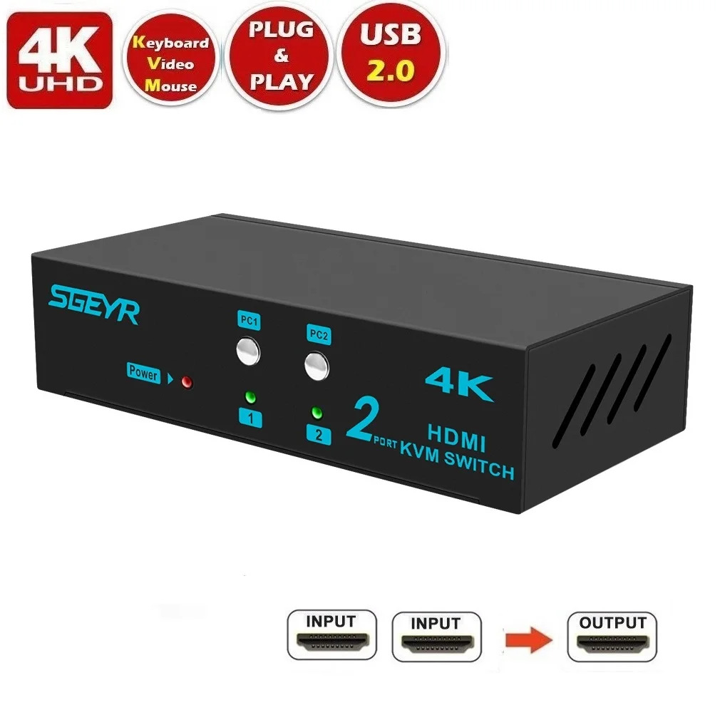 

SGEYR 2 Port HDMI KVM Switch 2-in-1 USB KVM Switch Support HD 4Kx2K 2 Hosts Share 1 Monitor/Keyboard& Mouse Set KVM Switch