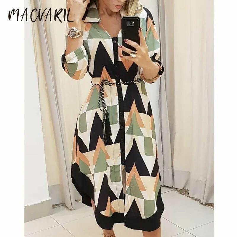 

MACVARIL 2020 Autumn Women's Shirt Dress Lady Wave Print Long Sleeve V-neck Casual Loose Holiday Midi Dress Plus Size Vestido