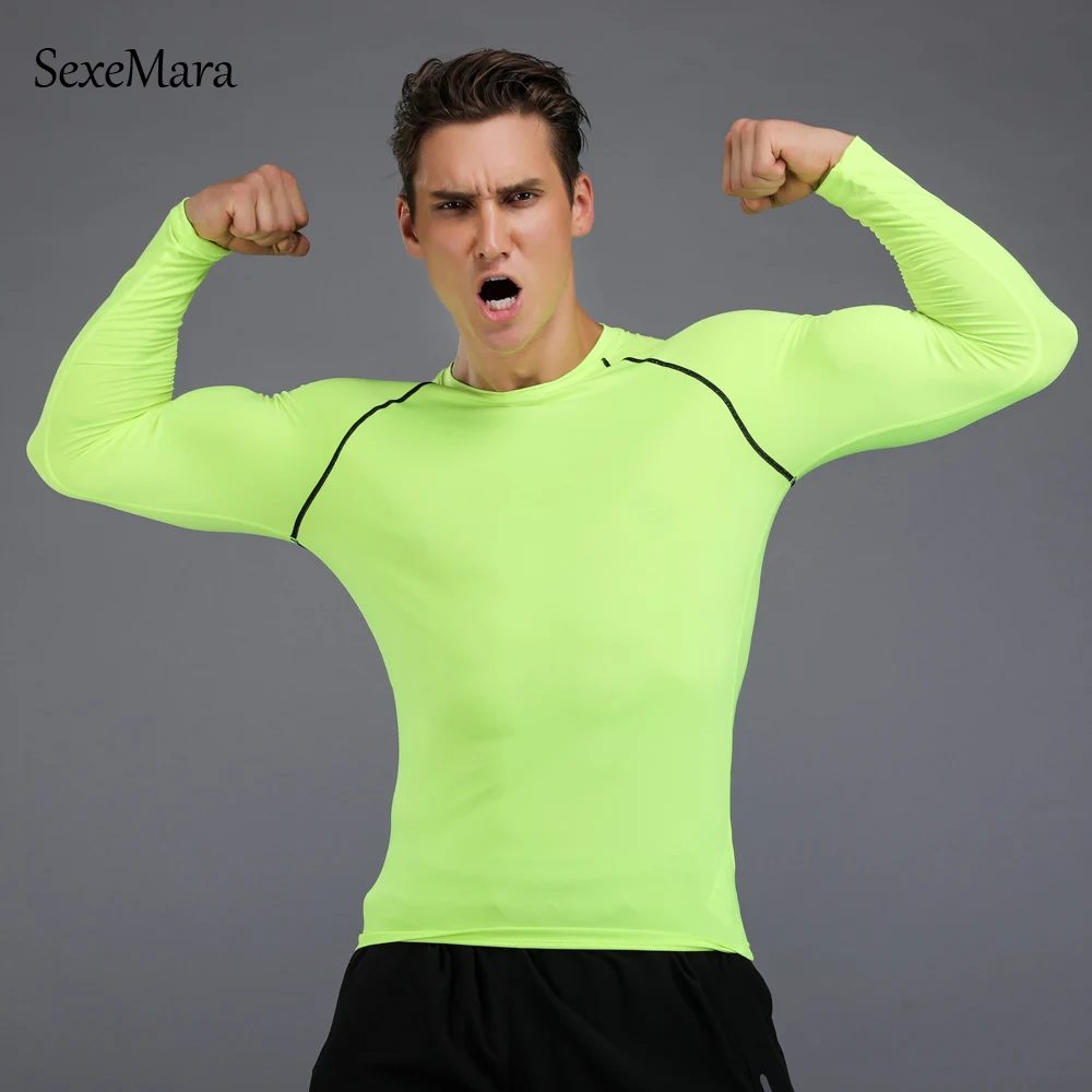Quick Dry Slim Fit Tees Men Printed T-Shirts Compression Shirt Tops Bodybuilding Fitness O-Neck Long Sleeve Male T Shirt