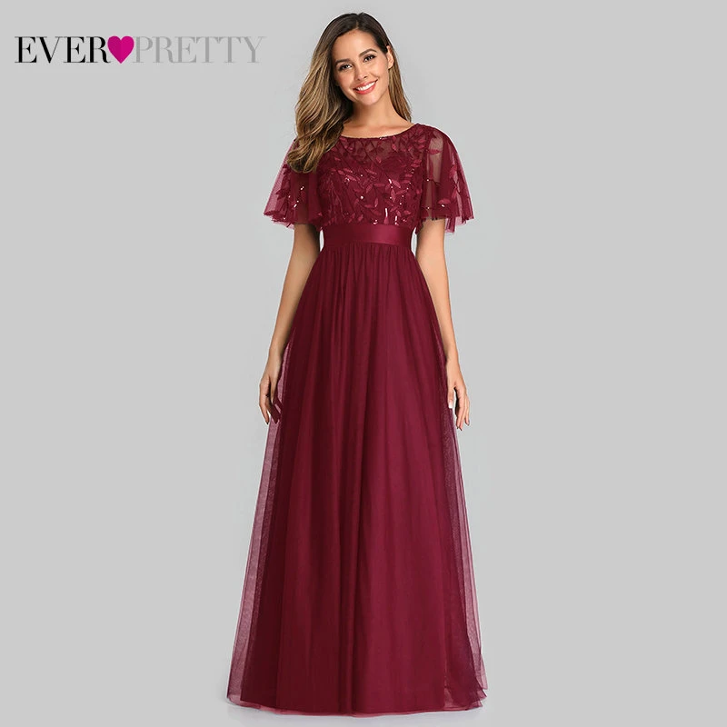 Burgundy Robe De Soiree блестящие вечерние платья Длинные Ever Pretty EP00904GY A-Line o-образным вырезом с коротким рукавом Вечерние платья женские элегантные платья - Цвет: Burgundy