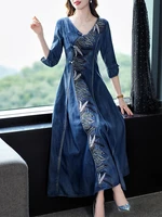 tiyihailey free shipping vintage women long maxi half sleeve denim v neck autumn embroidery dresses beading chinese style s 2xl