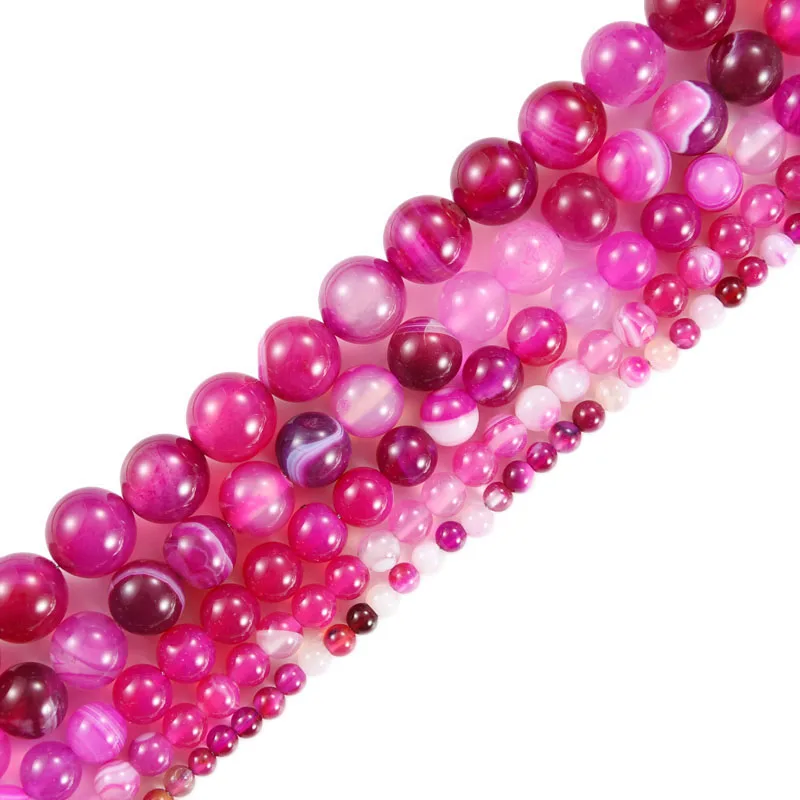 Бусины из натурального камня Агата в полоску розово красные для изготовления