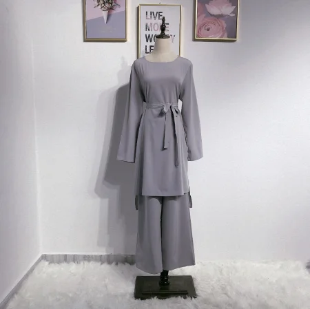 gray Мусульманский Топ ансамбль женский 2 шт наборы Pantalon ОАЭ абайя костюмы кимоно длинный катфан Ближний Восток Рамадан Арабский исламский одежда - Цвет: gray