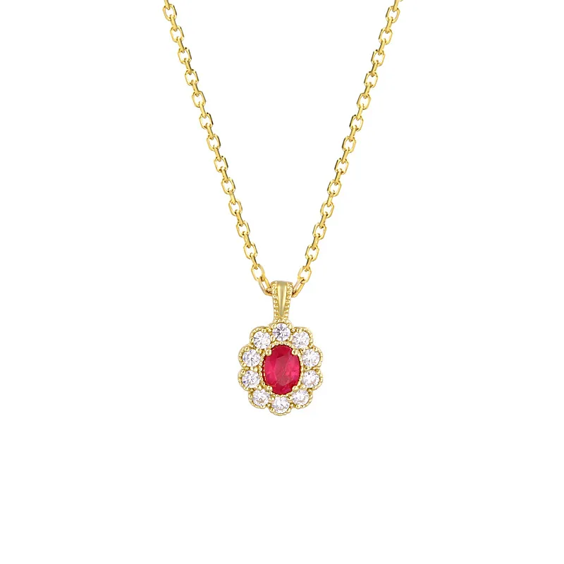 

Женское Ожерелье Из Натурального золота, элегантное ожерелье с подвеской в виде цветка, рубина, циркона 9 карат, настоящий однотонный кулон ...