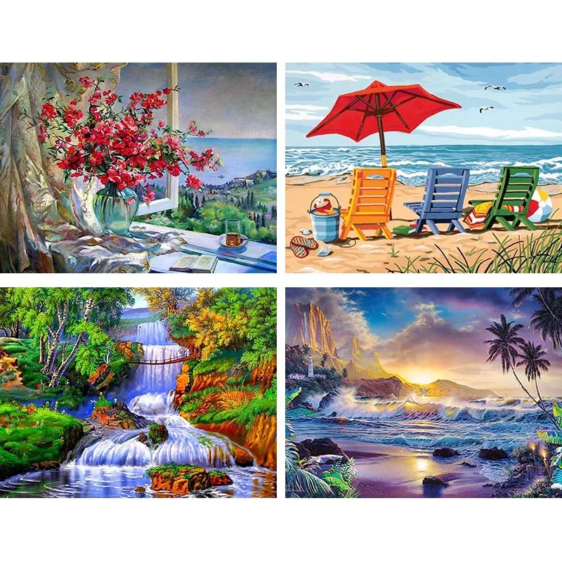 

Scape DIY 5D алмазная живопись пляж стул полностью круглая смола мозаика Алмазная вышивка окно вид на море Стразы домашний декор V42