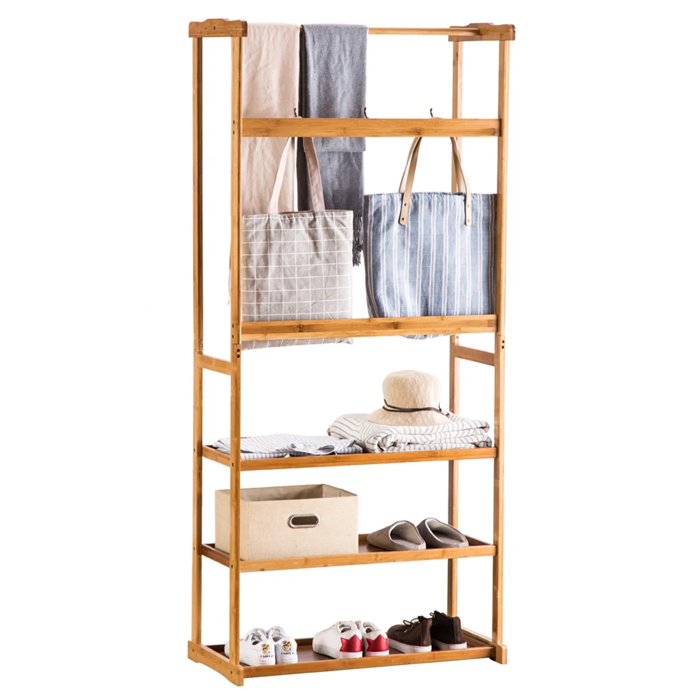 

Practical Three-Layer T-Shaped Bookshelf Wood Color Coat Rack Wooden Display Rack Creative Solid Wood Floor Coat Racks Stand