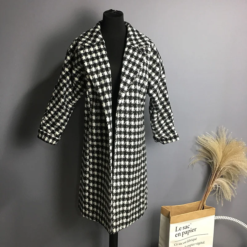 Зимнее 2019 шерстяное пальто женское длинное в клетку винтажное выше колена