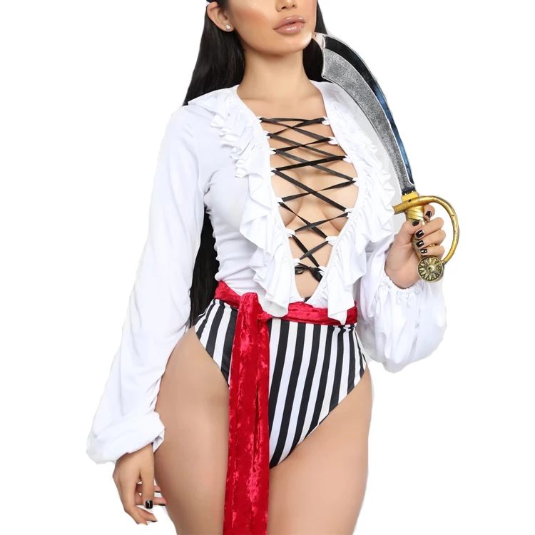 

Sexy Women Pirate Costume Female Halloween Cosplay Costumes Deep V Cool Party Dress Jack Sparrow Bodysuit+Belt 2Pcs