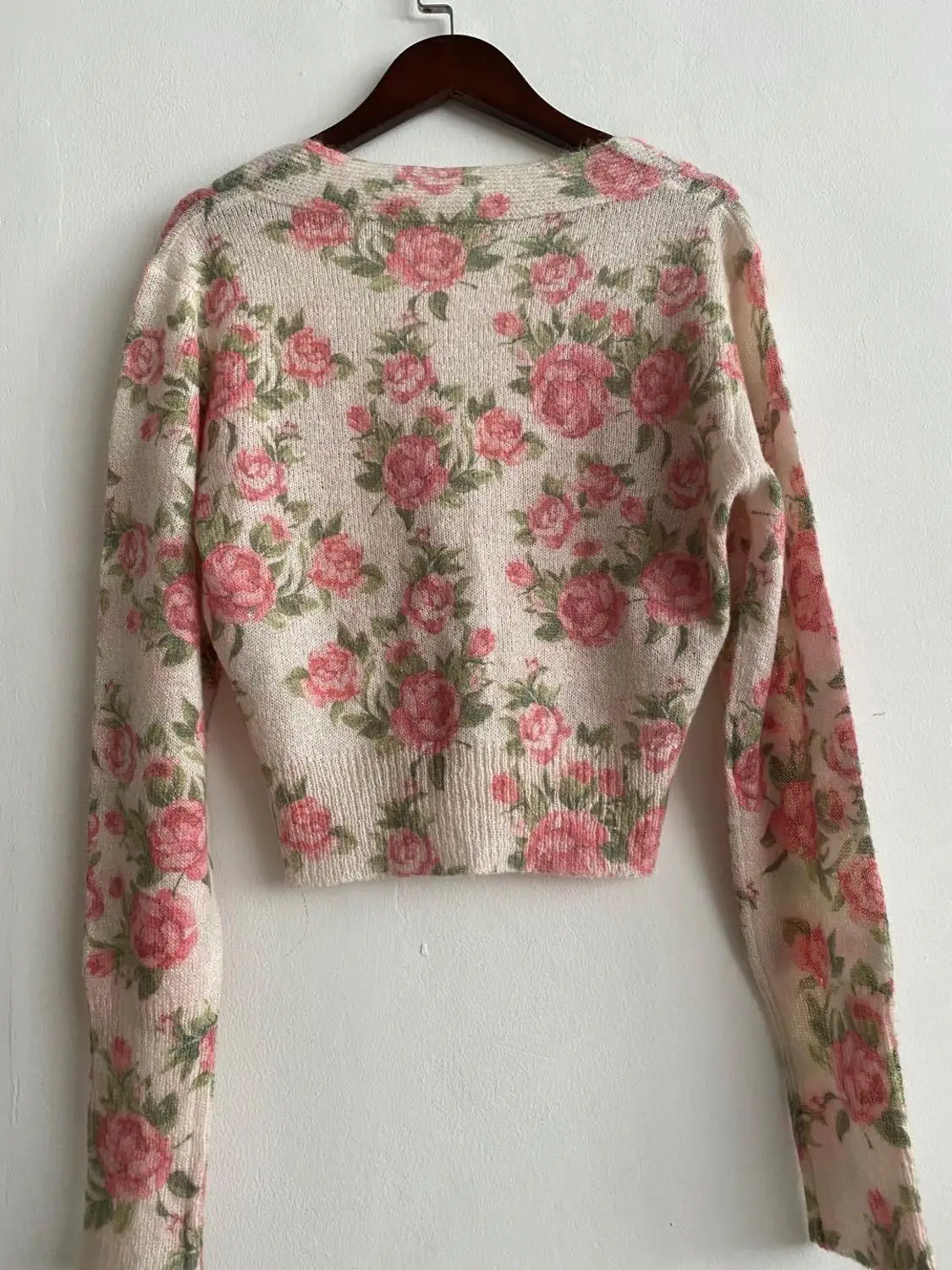 

Rose Print Sweater Women V-neck Retro Long Sleeve Single Breasted Early Autumn New Knitwear Short Cardigan