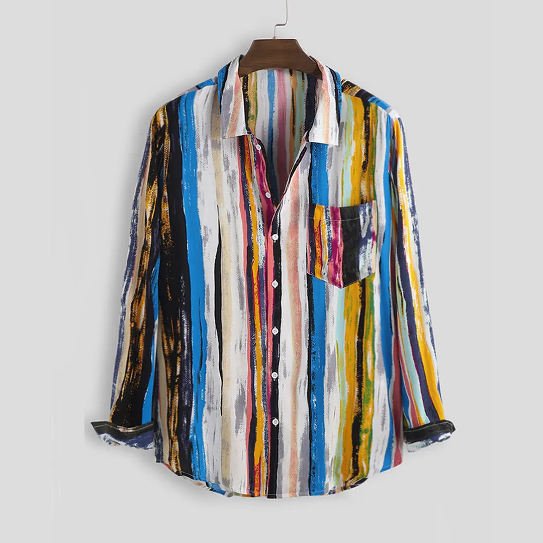 

Plus Size S-5XL Stripes Graffiti Print Men's Fashion Hawaiian Shirts Loose Casual Long Sleeve Shirt Mens Work Leisure Clothing