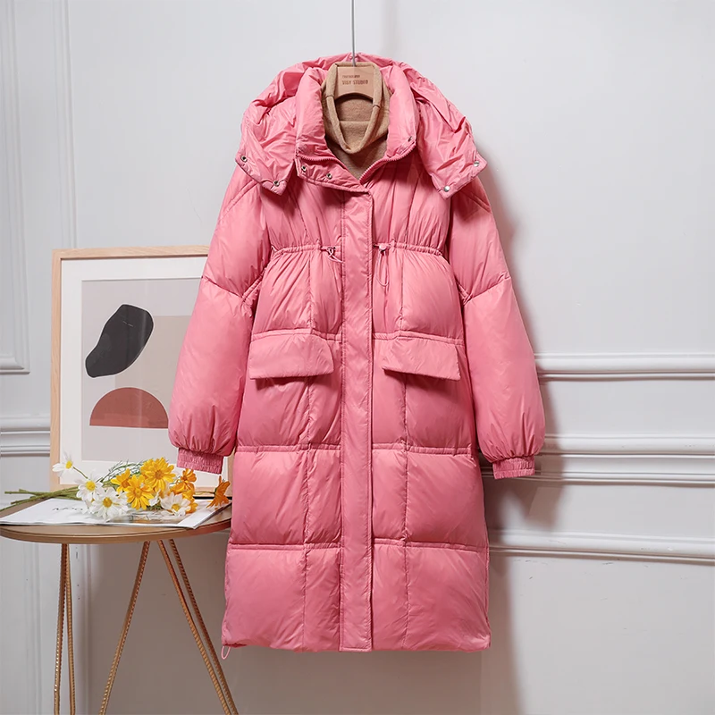 

Trendy Fad Winter Women Hooded Thickness Warm Long Down Coat Stand Collar Loose Female 90% White Duck Down Parkas Outwear