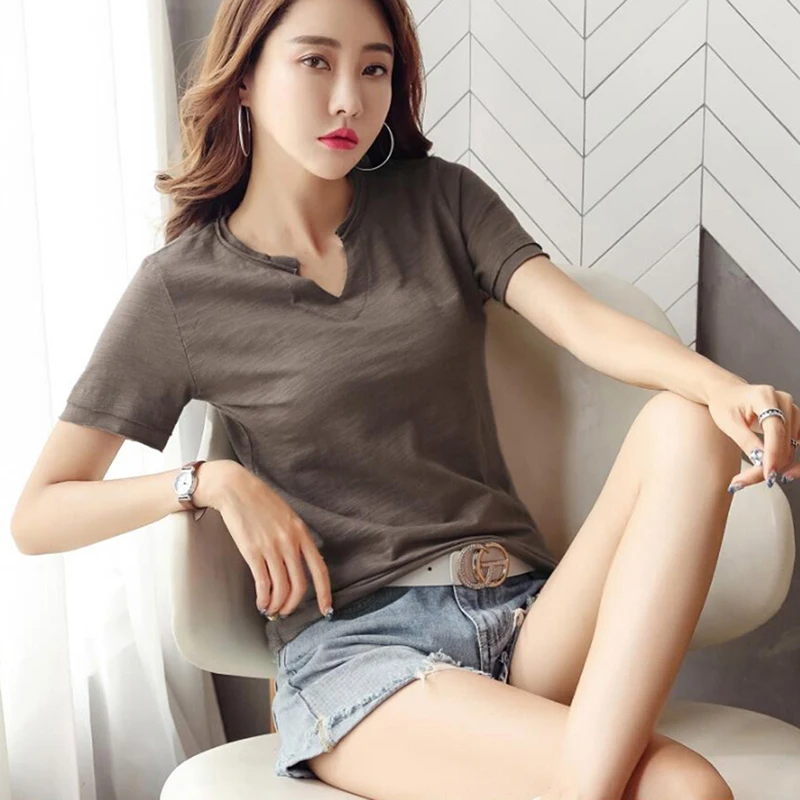Высококачественная базовая хлопковая Футболка с v образным вырезом женская
