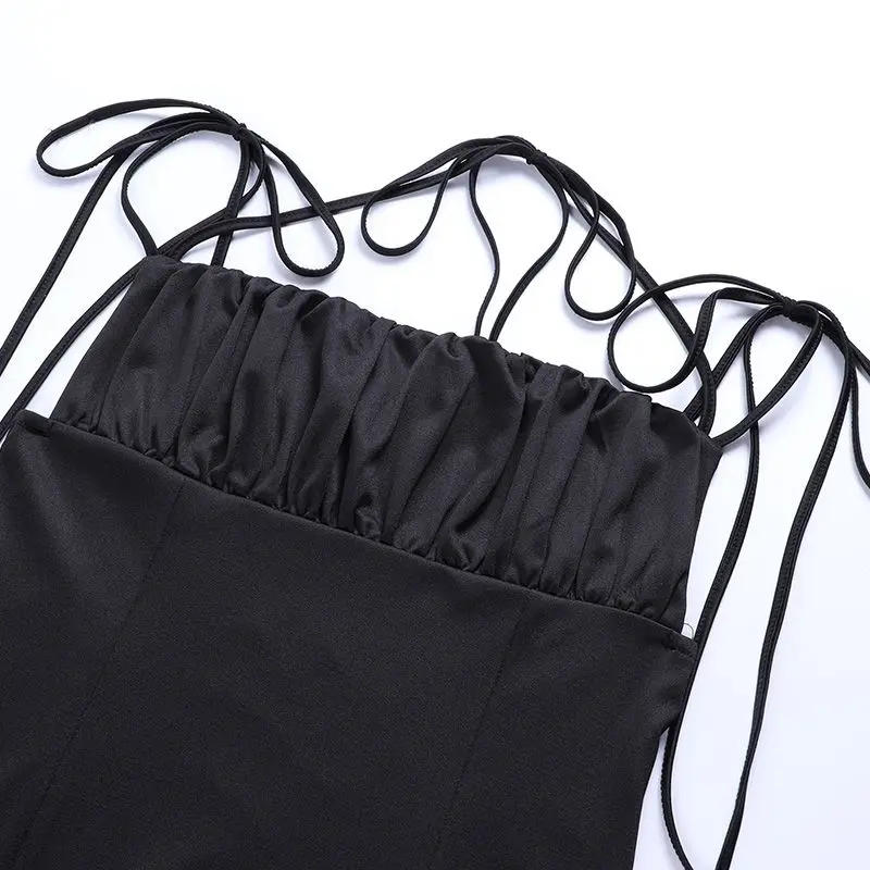 

Women Sexy Black Dress Spaghetti Strap Pleated Square Collar Backless Club Party High Split Slim Fit Bandage Dresses Streetwear