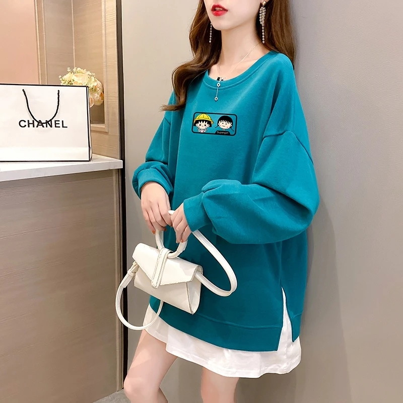 

2021 Spring and Autumn New Korean Style Large Size Women's Clothing for Plump Girls Cartoon Multicolor Printing Mid-Length Fake