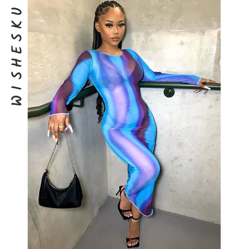 

Женское платье макси с принтом Tie Dye, соблазнительное Сетчатое Прозрачное платье с длинным рукавом, облегающее платье в стиле Харадзюку, осе...