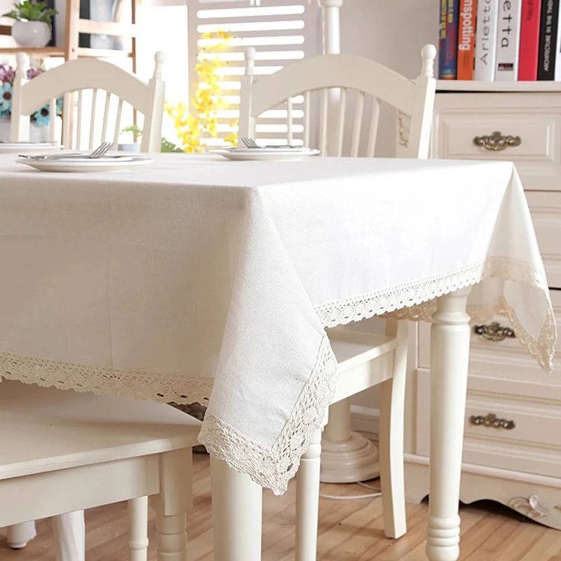 Простые белые льняные хлопковые Цветочные кружевные края скатерти