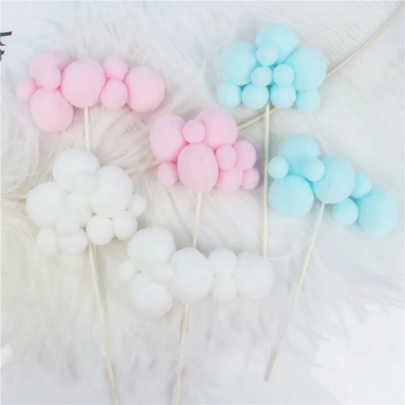 Cute White Pink Blue Pom-pom Cloud Birthday Cake Topper Gift Children's Day Party Dessert Hairball DIY celebrate Decor Flag | Дом и сад